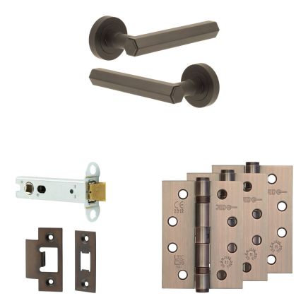Complete Hex Door Handle Pack - Heavy Duty Latch - Dark Bronze - 102mm / 4-inch Hinges - JE-C22A-DB