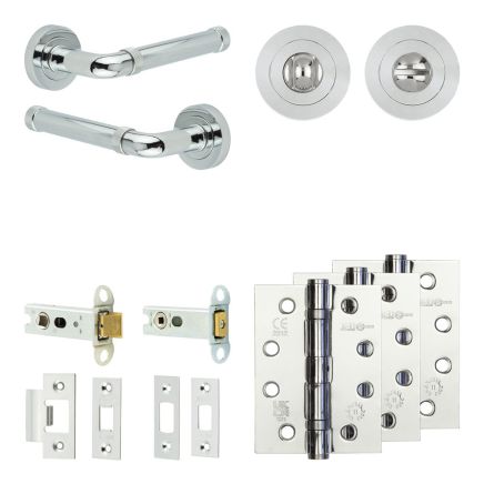 Complete Midtown Door Handle Pack - Heavy Duty Tubular Bathroom (Standard Thumb Turn) - Polished Chrome - 76mm / 4-inch Hinges - JE-G31A3-PC