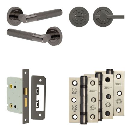 Complete Bari Door Handle Pack - Bathroom Lock (Plain Thumb Turn) - Black Nickel - 76mm / 3-inch Hinges - JE-D6B2-BN