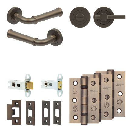 Complete Classic Door Handle Pack - Heavy Duty Tubular Bathroom (Plain Thumb Turn) - Dark Bronze - 64mm / 3-inch Hinges - JE-A30B2-DB