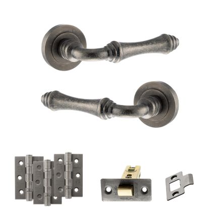Old English Durham Door Handle Pack (Latch Set - 2.5" CE Latch, 3" Fire Rated Hinges x3) - Distressed Silver