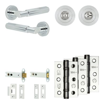 Complete Bloom Door Handle Pack - Heavy Duty Tubular Bathroom (Standard Thumb Turn) - Polished Chrome - 102mm / 3-inch Hinges - JE-B32B3-PC