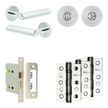 Complete Hex Door Handle Pack - Bathroom Lock (Standard Thumb Turn) - Polished Chrome - 76mm / 3-inch Hinges - JE-C6B3-PC