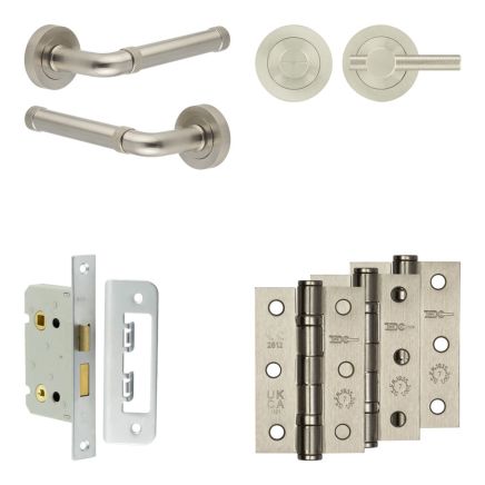 Complete Midtown Door Handle Pack - Bathroom Lock (Knurled Thumb Turn) - Satin Nickel - 65mm / 3-inch Hinges - JE-G5B1-SN