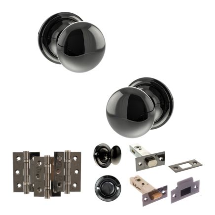 Old English Harrogate Door Knob Pack (Bathroom Set - 3" Deadbolt, 3" Fire Rated Hinges x3) - Black Nickel