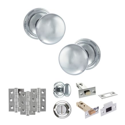 Old English Harrogate Door Knob Pack (Bathroom Set - 3" Deadbolt, 3" Fire Rated Hinges x3) - Polished Chrome
