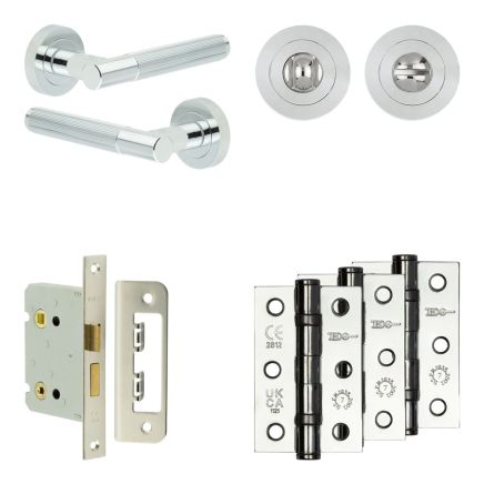 Complete Venice Door Handle Pack - Bathroom Lock (Standard Thumb Turn) - Polished Chrome - 76mm / 3-inch Hinges - JE-F6B3-PC