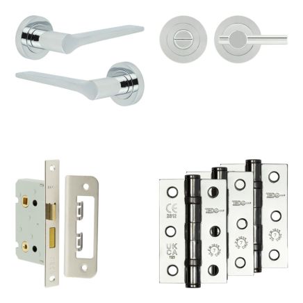 Complete Gio Door Handle Pack - Bathroom Lock (Plain Thumb Turn) - Polished Chrome - 65mm / 3-inch Hinges - JE-E5B2-PC