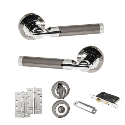 STATUS Dakota Door Handle Pack (Bathroom Set - 2.5" CE Bathroom Lock, 4" Slim Knuckle Hinges x2) - Black Nickel/Polished Chrome