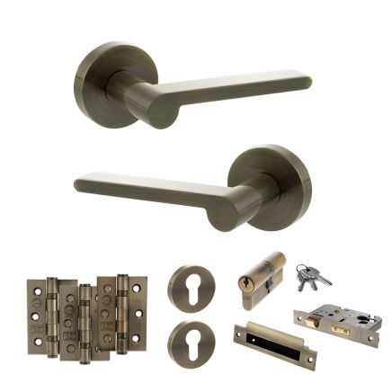 Senza Pari Darrio Door Handle Pack (Euro Lock Set - 2.5" CE Sashlock, 3" Fire Rated Hinges x3) - Antique Brass
