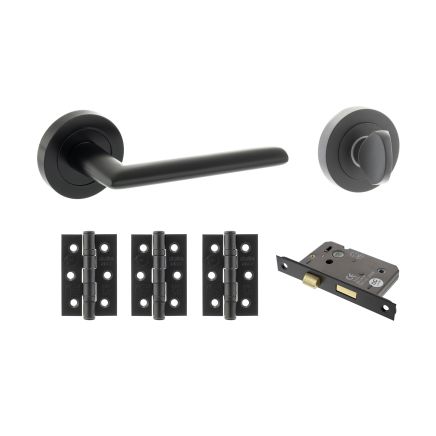 STATUS Alabama Door Handle Pack (Bathroom Set - 3" CE Bathroom Lock, 3" Fire Rated Hinges x3) - Matt Black