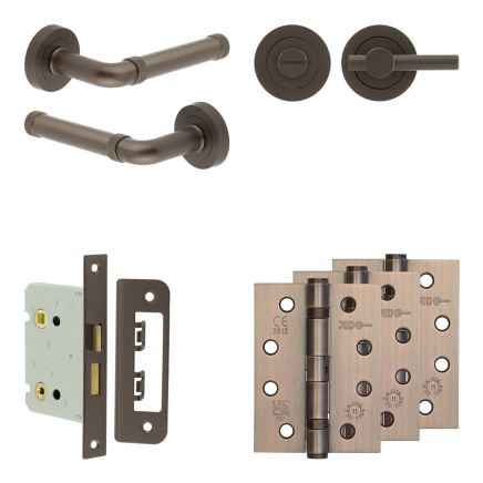 Complete Midtown Door Handle Pack - Bathroom Lock (Plain Thumb Turn) - Dark Bronze - 76mm / 4-inch Hinges - JE-G6A2-DB