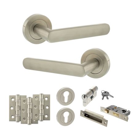 STATUS Carolina Door Handle Pack (Euro Lock Set - 2.5" CE Sashlock, 3" Fire Rated Hinges x3) - Satin Nickel