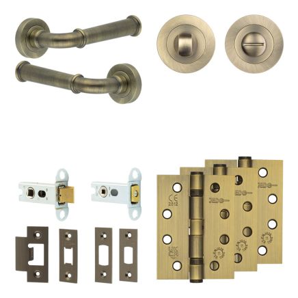 Complete Classic Door Handle Pack - Heavy Duty Tubular Bathroom (Standard Thumb Turn) - Antique Brass - 64mm / 4-inch Hinges - JE-A30A3-AB