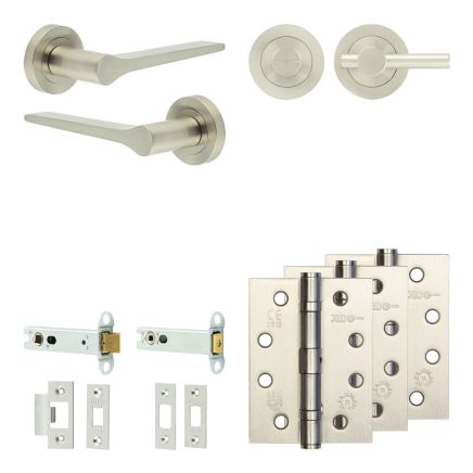 Complete Gio Door Handle Pack - Heavy Duty Tubular Bathroom (Plain Thumb Turn) - Satin Nickel - 102mm / 4-inch Hinges - JE-E32A2-SN