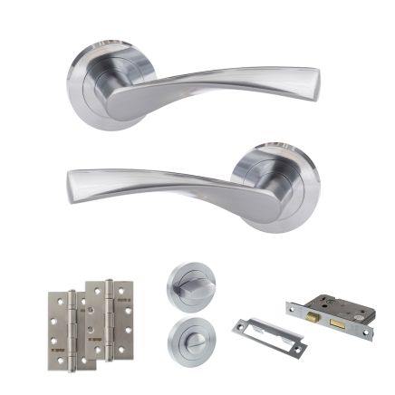 Eco Aqua Door Handle Pack (Bathroom Set - 2.5" CE Bathroom Lock, 4" Slim Knuckle Hinges x2) - Satin Chrome