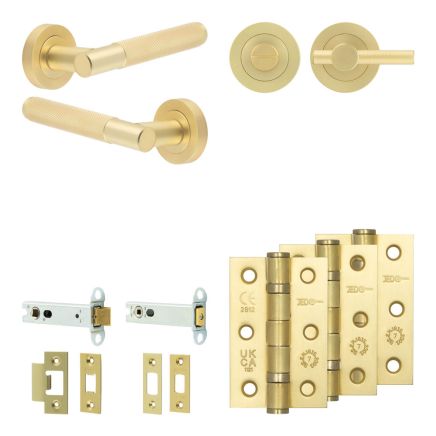 Complete Bari Door Handle Pack - Heavy Duty Tubular Bathroom (Knurled Thumb Turn) - Satin Brass - 102mm / 3-inch Hinges - JE-D32B1-SB