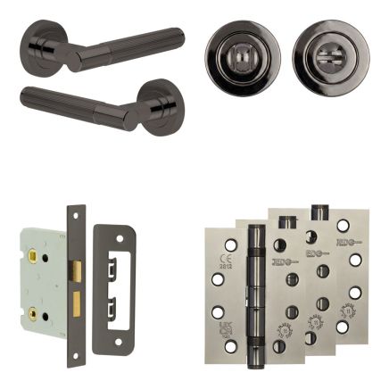 Complete Venice Door Handle Pack - Bathroom Lock (Standard Thumb Turn) - Black Nickel - 76mm / 4-inch Hinges - JE-F6A3-BN