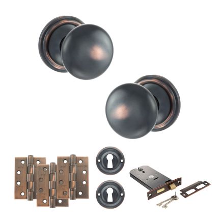 Old English Harrogate Door Knob Pack (Lock Set - Horizontal Sashlock, 4" Fire Rated Hinges x3) - Antique Copper