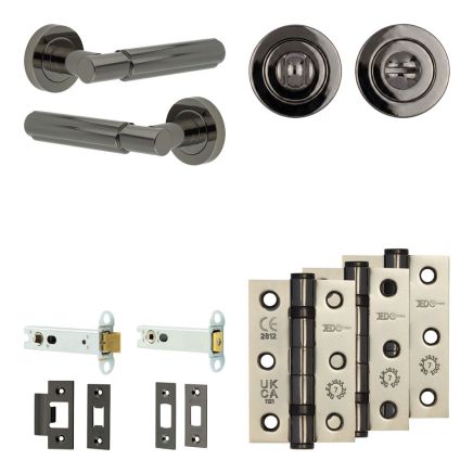 Complete Bloom Door Handle Pack - Heavy Duty Tubular Bathroom (Standard Thumb Turn) - Black Nickel - 102mm / 3-inch Hinges - JE-B32B3-BN