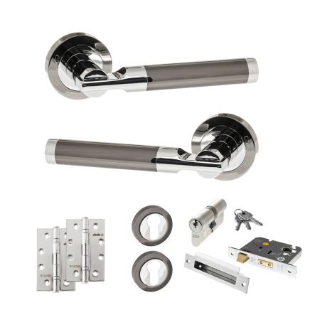 STATUS Dakota Door Handle Pack (Euro Lock Set - 3" CE Sashlock, 4" Slim Knuckle Hinges x2) - Black Nickel/Polished Chrome