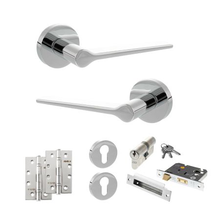 Senza Pari Laviano Door Handle Pack (Euro Lock Set - 2.5" CE Sashlock, 4" Slim Knuckle Hinges x2) - Polished Chrome