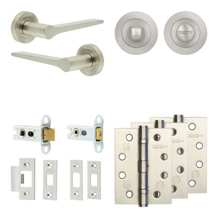 Complete Gio Door Handle Pack - Heavy Duty Tubular Bathroom (Standard Thumb Turn) - Satin Nickel - 64mm / 4-inch Hinges - JE-E30A3-SN