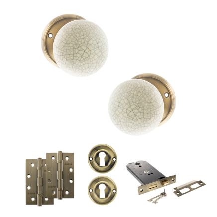 Old English Skipton Door Knob Pack (Lock Set - Horizontal Sashlock, 4" Slim Knuckle Hinges x2) - Antique Brass