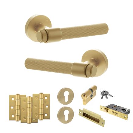 Senza Pari Fasana Door Handle Pack (Euro Lock Set - 2.5" CE Sashlock, 3" Fire Rated Hinges x3) - Satin Brass