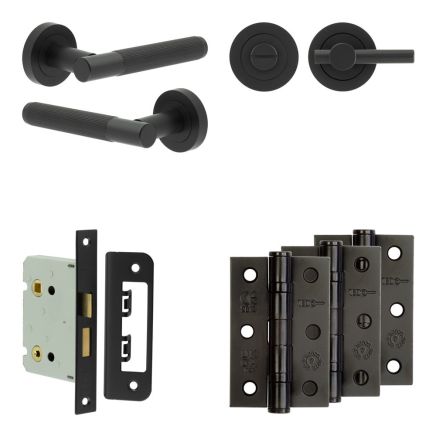 Complete Venice Door Handle Pack - Bathroom Lock (Plain Thumb Turn) - Matt Black - 76mm / 3-inch Hinges - JE-F6B2-MB