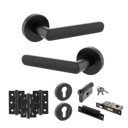 STATUS Carolina Door Handle Pack (Euro Lock Set - 3" CE Sashlock, 3" Fire Rated Hinges x3) - Matt Black