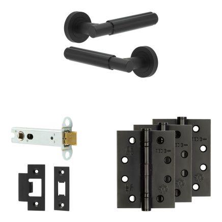 Complete Bloom Door Handle Pack - Heavy Duty Latch - Matt Black - 102mm / 4-inch Hinges - JE-B22A-MB