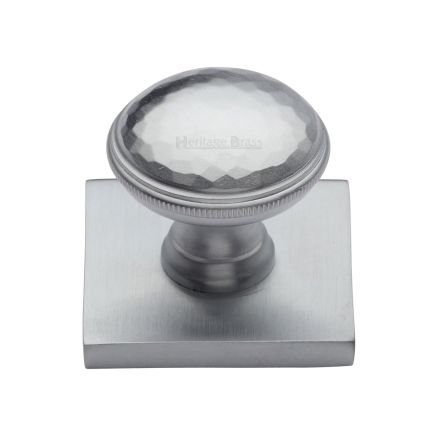 Heritage Brass Cabinet Knob Diamond Cut Design with Square Backplate 32mm Satin Chrome finish