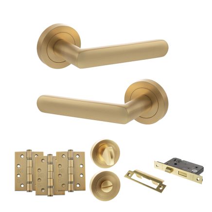 STATUS Carolina Door Handle Pack (Bathroom Set - 3" CE Bathroom Lock, 4" Fire Rated Hinges x3) - Satin Brass