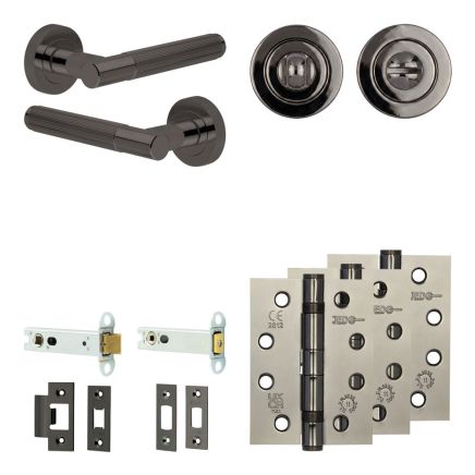 Complete Venice Door Handle Pack - Heavy Duty Tubular Bathroom (Standard Thumb Turn) - Black Nickel - 102mm / 4-inch Hinges - JE-F32A3-BN