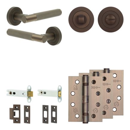 Complete Bari Door Handle Pack - Heavy Duty Tubular Bathroom (Standard Thumb Turn) - Dark Bronze - 102mm / 4-inch Hinges - JE-D32A3-DB