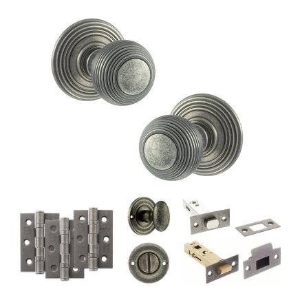 Old English Ripon Door Knob Pack (Bathroom Set - 3" Deadbolt, 3" Fire Rated Hinges x3) - Distressed Silver