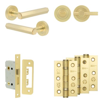 Complete Hex Door Handle Pack - Bathroom Lock (Plain Thumb Turn) - Satin Brass - 65mm / 3-inch Hinges - JE-C5B2-SB