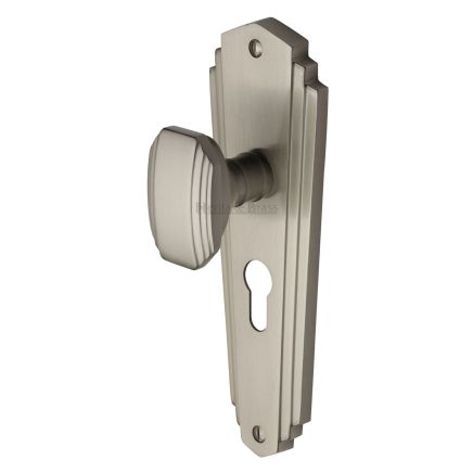 Heritage Brass Mortice Knob on Euro Profile Plate Charlston Design Satin Nickel finish