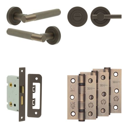 Complete Bari Door Handle Pack - Bathroom Lock (Plain Thumb Turn) - Dark Bronze - 65mm / 3-inch Hinges - JE-D5B2-DB