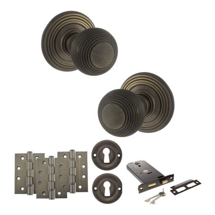 Old English Ripon Door Knob Pack (Lock Set - Horizontal Sashlock, 4" Fire Rated Hinges x3) - Urban Bronze