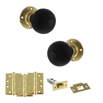 Old English Whitby Door Knob Pack (Latch Set - 4" HD Latch, 4" Fire Rated Hinges x3) - Polished Brass