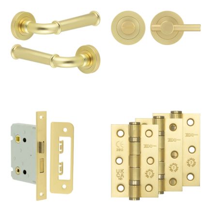 Complete Classic Door Handle Pack - Bathroom Lock (Plain Thumb Turn) - Satin Brass - 76mm / 3-inch Hinges - JE-A6B2-SB