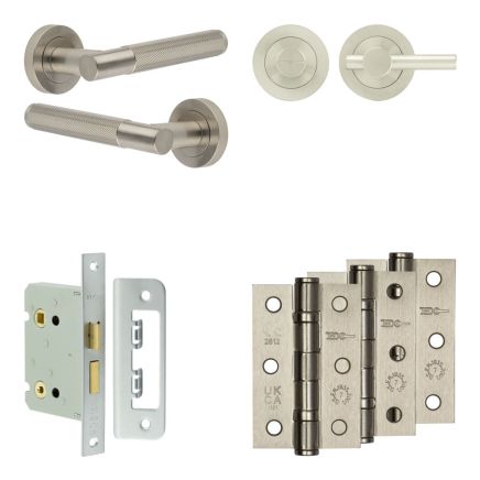 Complete Bari Door Handle Pack - Bathroom Lock (Plain Thumb Turn) - Satin Nickel - 76mm / 3-inch Hinges - JE-D6B2-SN