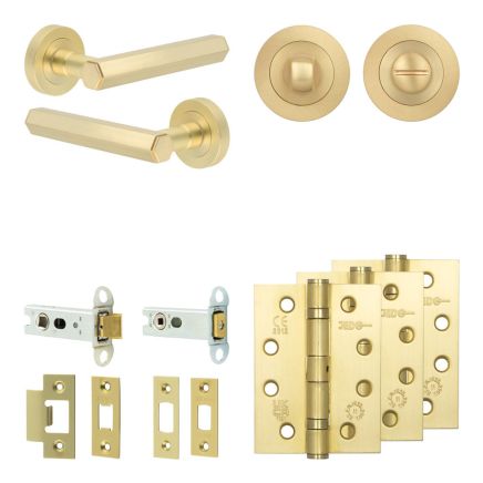 Complete Hex Door Handle Pack - Heavy Duty Tubular Bathroom (Standard Thumb Turn) - Satin Brass - 76mm / 4-inch Hinges - JE-C31A3-SB