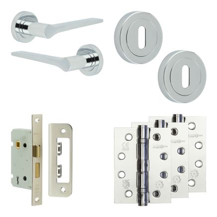 Complete Gio Door Handle Pack - Sashlock - Polished Chrome - 65mm / 4-inch Hinges - JE-E7A8-PC