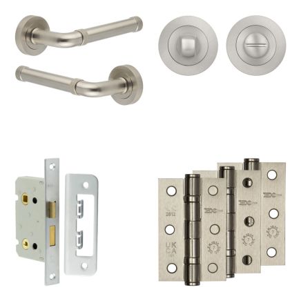 Complete Midtown Door Handle Pack - Bathroom Lock (Standard Thumb Turn) - Satin Nickel - 65mm / 3-inch Hinges - JE-G5B3-SN