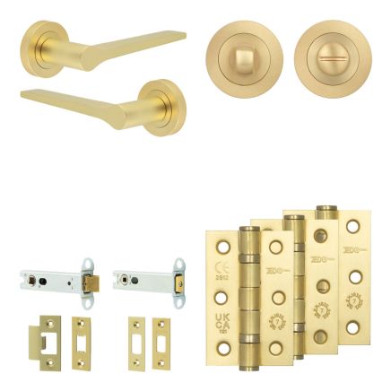 Complete Gio Door Handle Pack - Heavy Duty Tubular Bathroom (Standard Thumb Turn) - Satin Brass - 102mm / 3-inch Hinges - JE-E32B3-SB