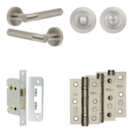 Complete Bari Door Handle Pack - Bathroom Lock (Standard Thumb Turn) - Satin Nickel - 65mm / 3-inch Hinges - JE-D5B3-SN