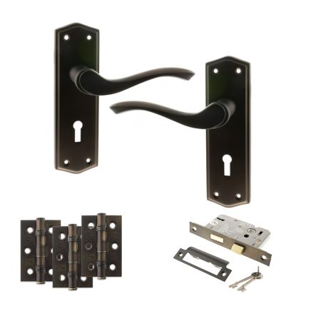 Old English Warwick Door Handle Pack (3 Lever Lock Set - 2.5" CE Sashlock, 3" Fire Rated Hinges x3) - Urban Dark Bronze